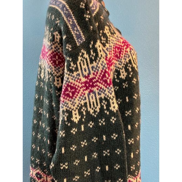 VTG USA Made LL Bean Wool Pullover Sweater Green Intarsia Nordic Design Button M - Picture 6 of 8